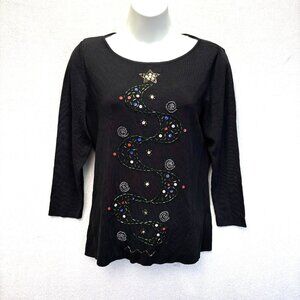 Lucia Burns Beaded Christmas Tree Shirt Womens Small Black Holiday Festive Top